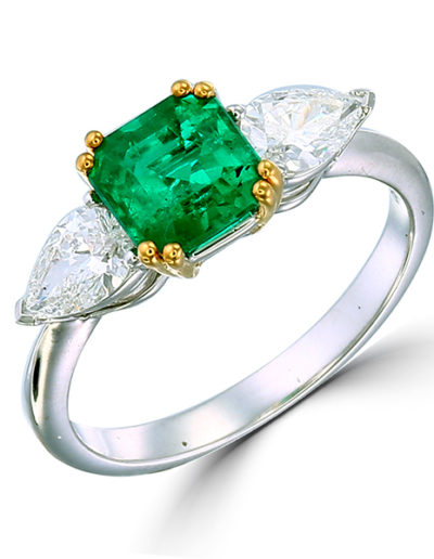 Emerald ring 1.08 ct, Diamonds pear shape 0.61 ct