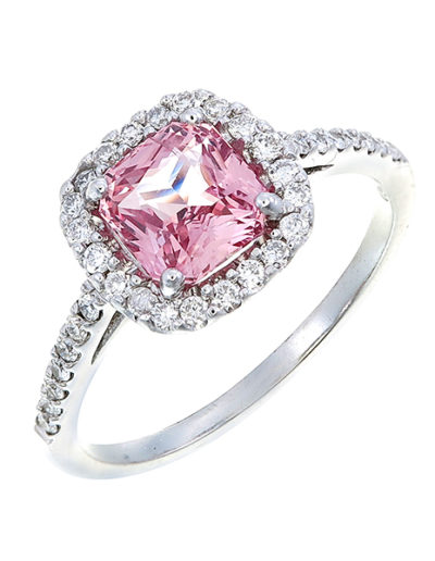 Padparadscha Sapphire cushion ring 1.62 ct, Diamonds 0.32 ct