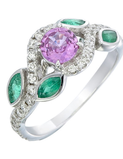 Unheated Pink Sapphire ring 0.49 ct, Emeralds 0.39 ct, Diamonds 0.24 ct